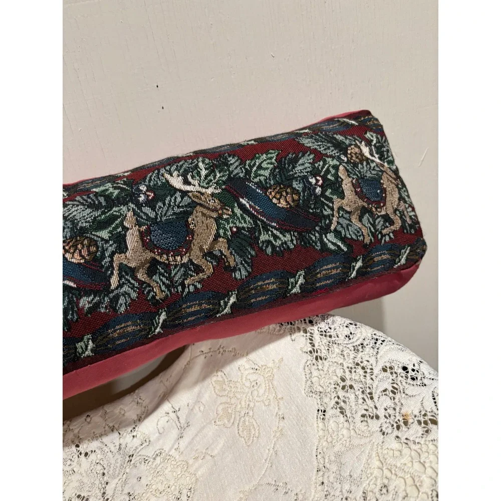 Vintage Woodland Tapestry Bolster Pillow Stag Reindeer Pinecone Burgundy 31 Inch
